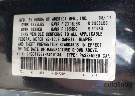 2017 Honda Accord Ex z USA, uszkodzony, nr VIN 1HGCT1B79HA010134